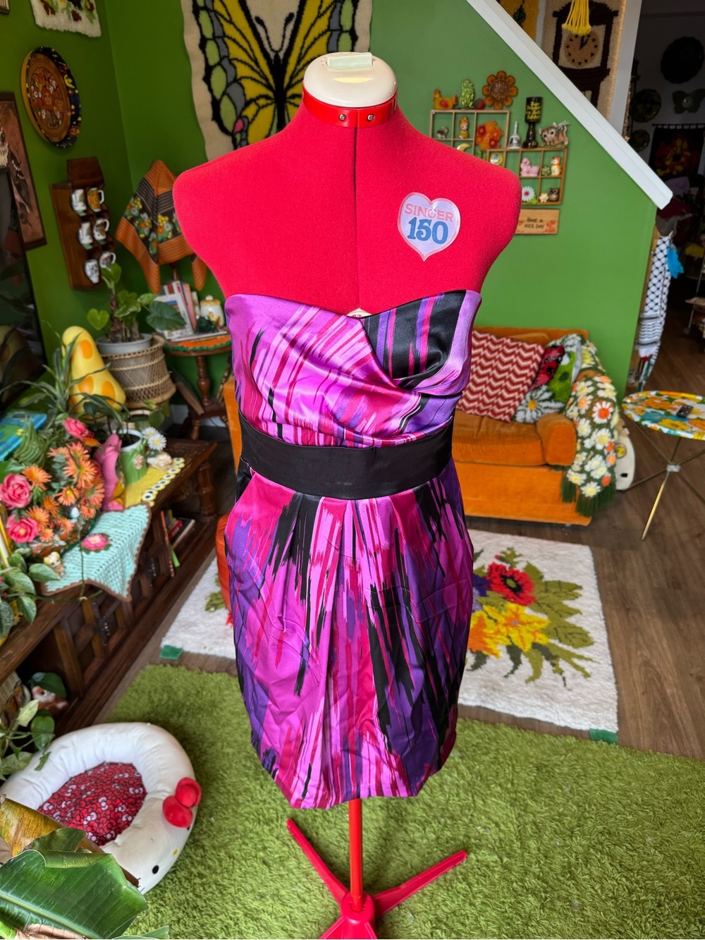 Ricki's Strapless Pink and Purple Abstract Print Mini Dress with Black Waistband